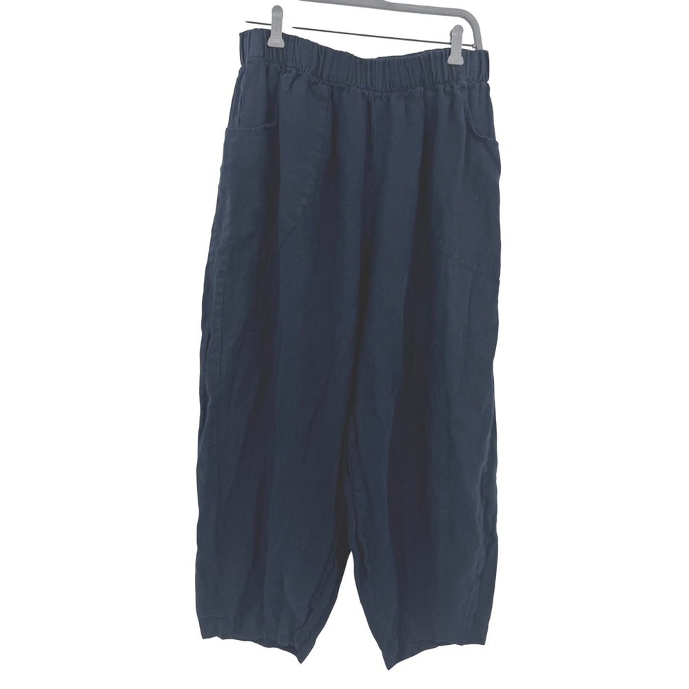 Flax 100% Linen Navy Blue Relaxed Barrel Leg Elastic Waist Pants Size 1G 18-20